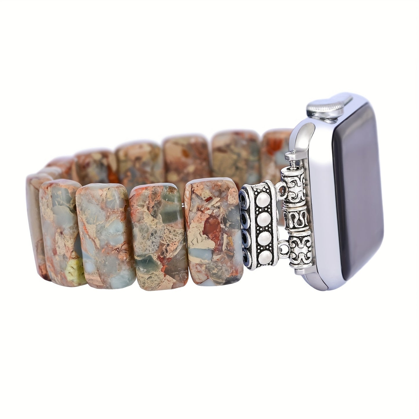 Color Matching Imperial Stone Elastic Rope Watch Strap, Boho Beaded Bracelets For Women, Handmade Natural Stone Bracelet Compatible With Apple Watch Band 38/40/41mm, Handmade Boho Jewelry Watch Strap For Iwatch Series 9 8 7 6